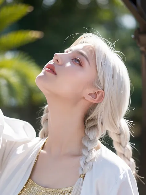 best quality, masterpiece,white hair, gold eyes,white clothes, looking up, upper body,hair strand,Fair skin,side braids