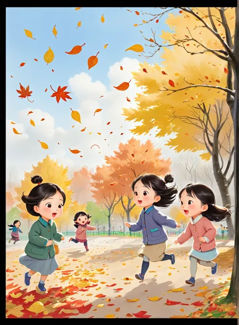 there are three children playing in the park in the fall, 🍁 Lovely, Wind blowing leaves, by Li Fangying, The wind blows the fallen leaves, in autumn, Li Song, by Qu Leilei, Zhou Fang, Mei Qing, author：Xia Chang, Autumn leaves falling, author：Cold plum, chi...