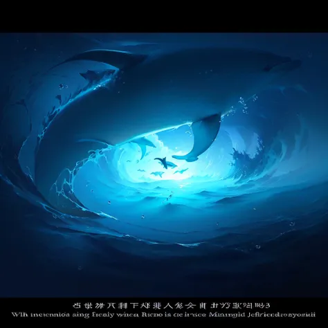 There is a dolphin swimming in the sea，There is a sentence above, Shinkai Makoto Cyril Rolando, inspired ByCyril Rolando, Cyril Rolandor style, ABZU, Fish in the ocean sparkle, Cyril Rolando and Goro Fujita, Concept Art Magic Highlights, Moonlight fisheye ...