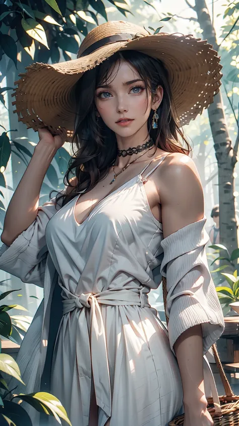 ((最high quality, 8k, masterpiece: 1.3, Ultra HD, high quality, 最high quality, High resolution, realism)) 、 24-year-old woman、Sexy proportions、Sexy、Narrow waist、mature female body、Summer dress with lace embellishment、Wear a lace cardigan、Heel、Holding a ratt...