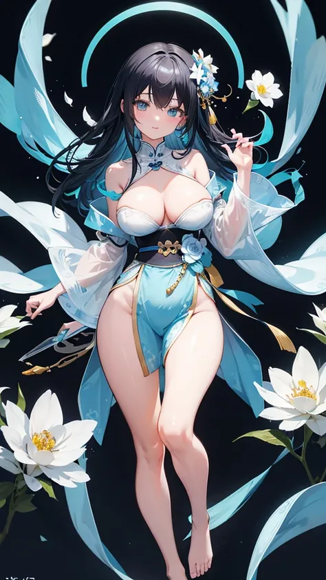 Second dimension ancient style magic robe（Bai Zhi）（Light blue white flowers）Black-haired girl（（Full body picture）），Perfectly proportioned body，Slender，Lively, cheerful and happy，Ultra-clear，No background，Big breasts and hips，（Character Close-up），（Leg ring）...