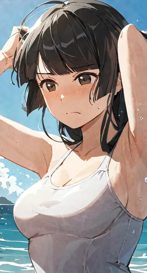 masterpiece,best quality, solo, eda, bangs, black hair, upper body,blue sky,cloud, shy expression, medium breast, hot, thicc, swimsuit , ocean, water, she is tying her hair, she is shy, embarrassed , she is embarrassed, dynamic pose, she is tying her hair,...