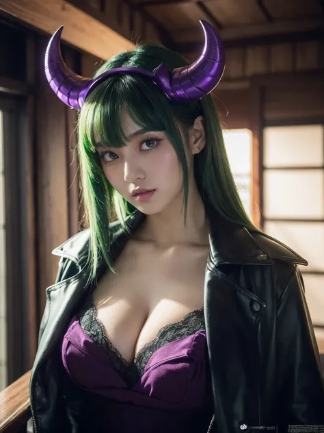 4k, 8k, masterpiece, best quality, upper body, 1girl, indonesian, looking at viewer, green hair, medium hair, purple eyes, demon horns, black coat, indoors, dimly lit, the age of the actress is 23 years old, open bust