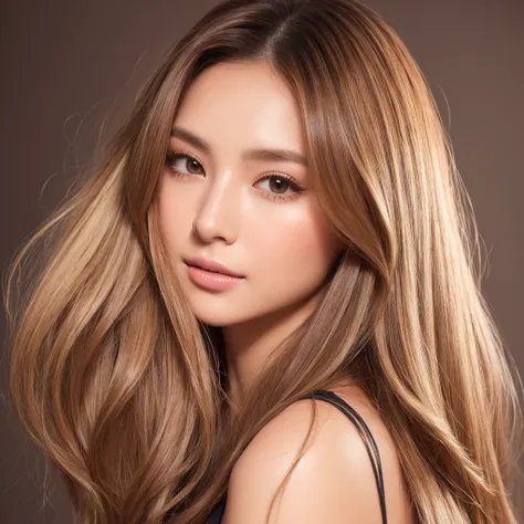 A close-up portrait of a Japanese woman in a studio setting, showcasing her expertly styled hair that exudes a fresh-from-the-salon look. Her hair color is a beautifully blended balayage, transitioning from a darker root to lighter ends. The base color is ...