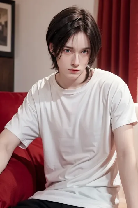 young man, very pale, black hair, red eyes, masterpiece, in the background a cozy room, white t-shirt.