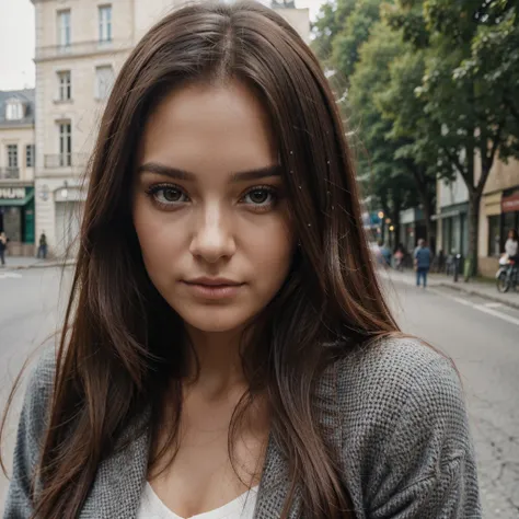 Texture de la peau, Sans maquillage, Super high res closeup portrait photo oF a stunning woman outdoors with straight hair, porter un petit tour de cou autour du cou,F /2.8, canon, 85mm,Cinématique, haute qualité,Regarder le spectateur,