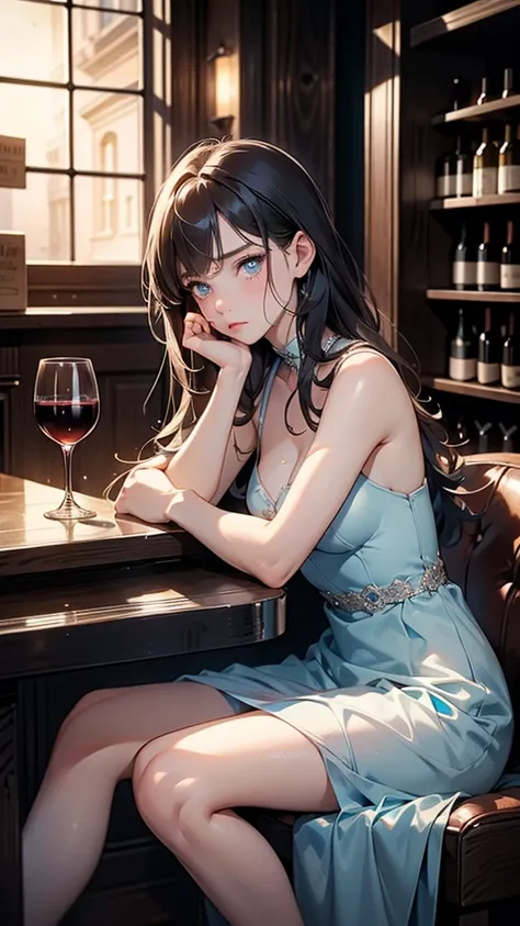 beautiful girl, rosto angelical, ( extremely sad expression),  (melancholic), holding a glass of wine, sitting at the counter of a wine cellar, Light blue eye, dark hair, work of art, ((ultra detaild)), ((4K)), depressed, tears in the eyes, having a drink