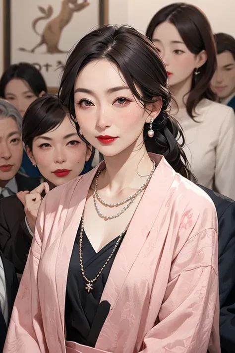 Beautiful mature Japanese woman aged 55, Long eyelashes, Low Ponytail, Red lipstick, Pink Cheeks, Pearl Necklace, Earrings, Houses of Parliament, Female politicians, Stylish suit