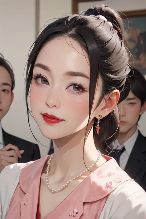 Beautiful mature Japanese woman aged 55, Long eyelashes, Low Ponytail, Red lipstick, Pink Cheeks, Pearl Necklace, Earrings, Houses of Parliament, Female politicians, Stylish suit