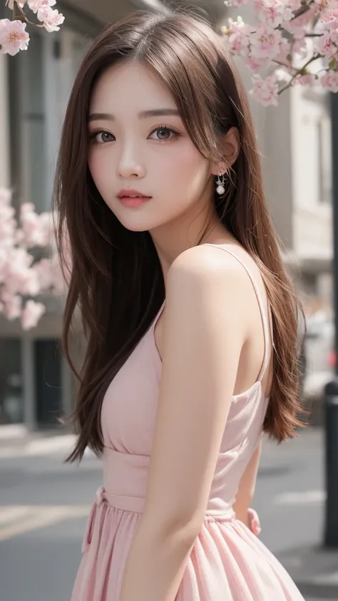 table top, highest quality, figure, Super detailed, finely, High resolution, 8k wallpaper, Perfect dynamic composition, detailed and beautiful eyes, pink dress,medium hair,  Natural color lip,gentle smile,big city、20 year old girl、midnight、beautiful and de...