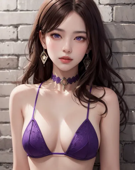 (masterpiece, best quality, 1girl, solo, intricate details, chromatic aberration), realistic, ((medium breath)),long hair, brown ink hair, red head ornament, purple eyes, earrings, sharp eyes, choker, purple bikini, (symmetry eyes),(perfect symmetrical bod...