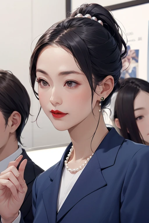 Beautiful mature Japanese woman aged 55, Long eyelashes, Low Ponytail, Red lipstick, Pink Cheeks, Pearl Necklace, Earrings, Female politicians, In a meeting, Stylish navy blue suit