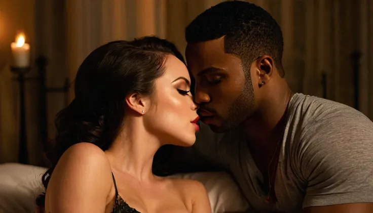 Elizabeth Gillies and a handsome African American male whose facial features are a combo of Ray J + Devon Terrell + Nathan Mitchell + Robert Christopher Riley share a steamy kiss inside a bedroom lit only by candlelight. Elizabeth has lovely makeup on her ...