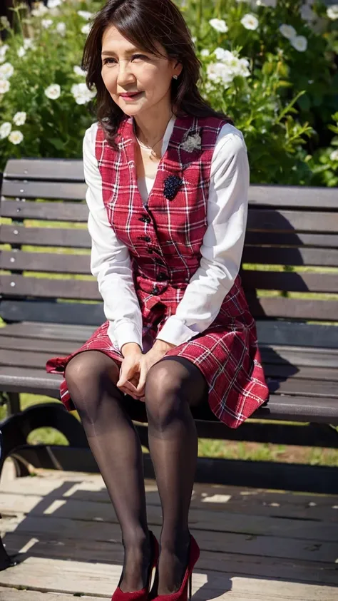 ((Highest quality)), ((8k)), ((masterpiece: 1.3)), (Perfect appearance), (Photorealism: 1.6), (TI), (JMA), (Genuine:1.4), １girl、Perfect Anatomy、60 years old、Medium Long Hair、Plaid vest、((Sitting on a bench:1.3))、(Ultra-realistic pantyhose:1.2), (High heels...