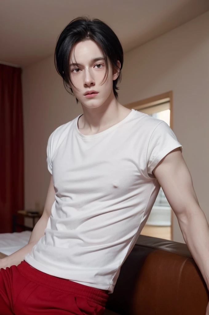 Young man, very pale, black hair tied sideways, bright red eyes, Masterpiece, in the background a cozy room, White T-shirt. defined body, a little muscular, male features. 