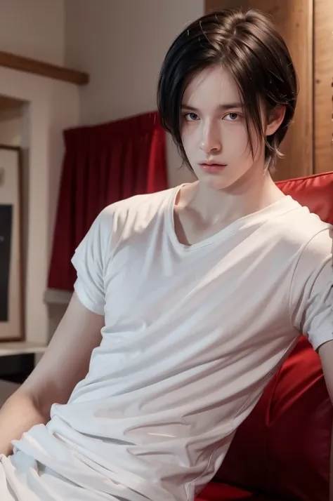 Young man, very pale, black hair tied sideways, bright red eyes, Masterpiece, in the background a cozy room, White T-shirt. defined body, a little muscular, male features. 