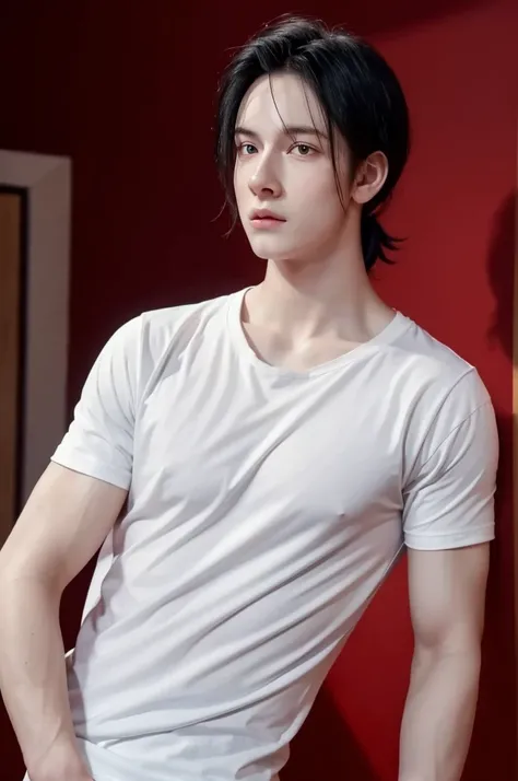 Young man, very pale, black hair tied sideways, bright red eyes, Masterpiece, in the background a cozy room, White T-shirt. defined body, a little muscular, male features. 