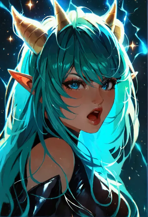 lum, 1girl, long hair, tiny horns, shortly pointy ears, (two-tone hair, green hair, aqua hair), bangs, dark-blue eyes, eyeshadow, Solo, thick lineart, Diamond aura, symmetrical, slender, blue fingers with sparks and electricity, long latex gloves, thigh bo...