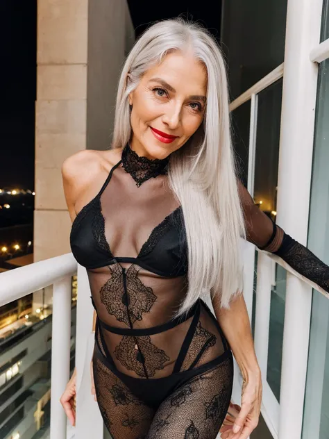 night, soft lights, old women Sixty years old, red lips, long-long white straight hair, hair on her eye, she smiling, posing on huge night balcony, staying and posing for photo, she weared black half transparent bodysuit, older beauty, jaw dropping mature ...