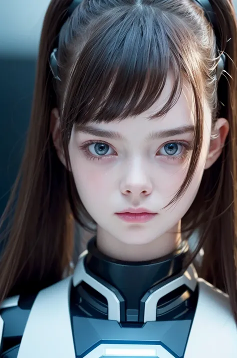 Close-up of a person wearing a robot head, A mix of anime robots and organic matter, Robot wearing a human mask, Elle Fanning as an Android, Integrated synthetic android, Detailed face of android, Robot with a human face, Best AI Images, Cool Cyborg movie ...