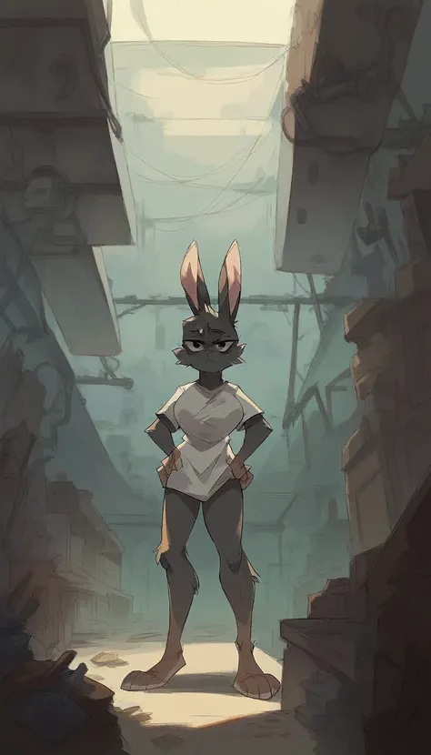 Masterpiece, best quality, Masterpiece, best quality, 1 woman , Black rabbit , ferry , conjunctivitis , sly face , indifferent face , naked , t-shirt , abdomen , big breasts , Long legs , hands on hips , abandoned factory , at night