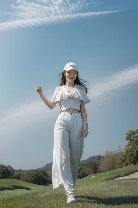 (masterpiece, best quality:1.4),(surreal photo,:1.4), 골프선수full body photo, 1 woman, alone,full body photo,long hair blowing in the wind, laugh, smile (big bust,:1.7), (big ass,1.5), Tight polyester long pants, Tight short sleeve collar tie, polyester t-shi...