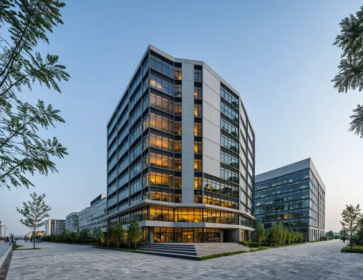 modern office building, modern style, modern, dynamic (RAW photo, real, best quality, masterpiece:1.2), (hyper realistic, photo-realistic:1.2), high quality, (dark lighting:1.2), perfect lighting, archdaily, architecture digest award wining sustainable arc...