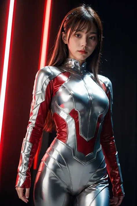 ultraman、realistic、realistic、cinematic lighting, girl in a shiny red and silver suit、15 years old、professional photos、don&#39;do...