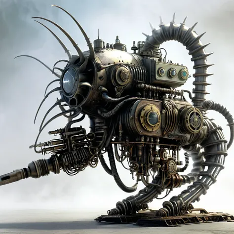 noise sonic attack，steampunk, side view, white background, unreal engine, inspired by hr giger, half-length portrait, very detai...