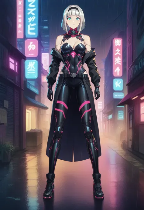 Anna nishikinomiya with the same female body but only with armor that covers her entire cyberpunk body, has a (black robotic armor)Black cyborg, from the torso and shoulders to the legs and feet, cyberpunk armor full body (slim), in a raining alley of a cy...