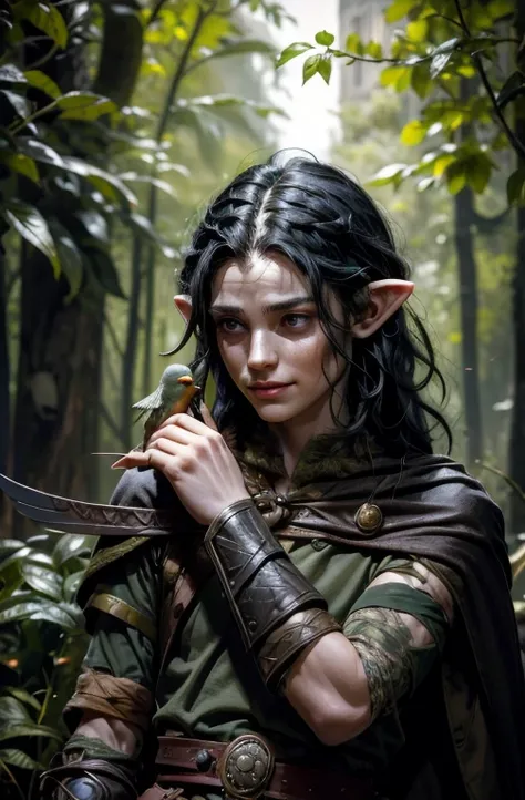 slightly smiling with a bird on his finger Man with Lanky streaky black hair elf with very long ears with some scars from battle, thin and gaunt. Very long elven ears, long ears, he is wearing a shirt