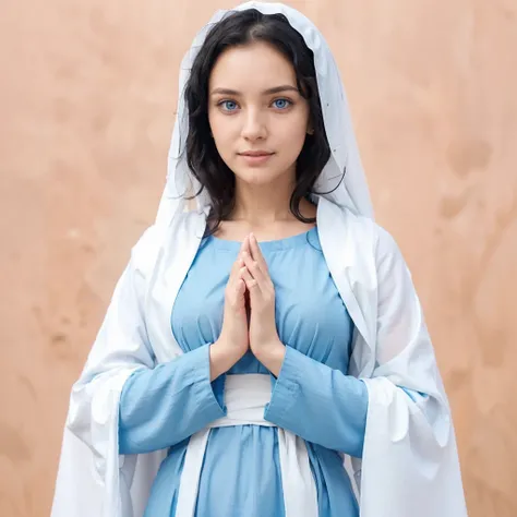 Beautiful woman with open arms, detailed light blue eyes, Curly black hair. wearing a blue tunic with wide, long sleeves adjusted at the waist by an interlaced white sash