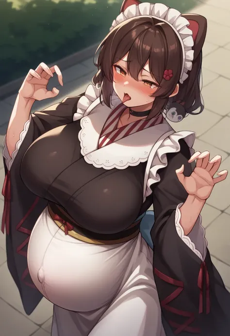 masterpiece,Highest quality,anime,Blowjobgesture,Blowjob_gesture,One girl,blush,Open_moutsideh,tongue_outside,White sweater,Large Breasts, Clenched fist
、choker, maid headdress, black kimono, wide sleeves, frills, obi, white apron, sleeves past wrists,srim...