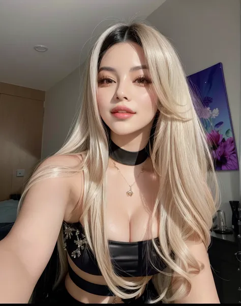 Woman with long black hair taking selfie in bright purple outfit like Selena Quintanilla&#39;s, parecida a jennie the Blackpink, beautiful south korean woman, Beautiful young Korean woman, korean girl, with long black hair, with long black hair, Beautiful ...