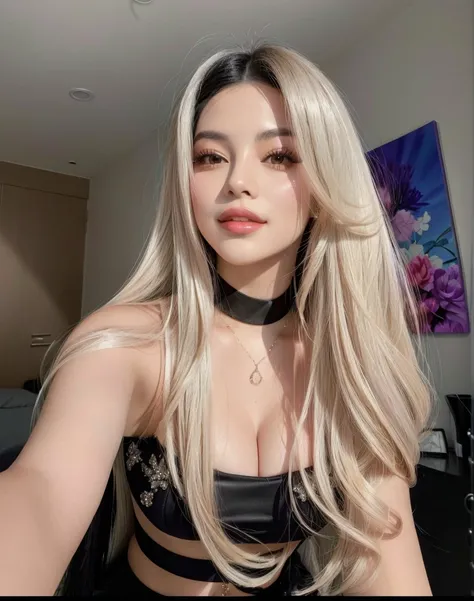 Woman with long black hair taking selfie in bright purple outfit like Selena Quintanilla&#39;s, parecida a jennie the Blackpink, beautiful south korean woman, Beautiful young Korean woman, korean girl, with long black hair, with long black hair, Beautiful ...