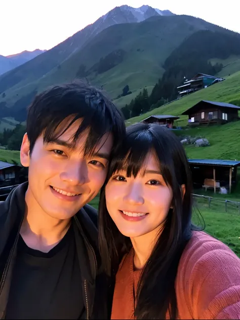 Couple, 1 female(23 years old)、1 male(45 years old), Black Hair、No bangs、Different heights, Detailed eyes, Looking at the audience. They embrace. Mountain hut background at night