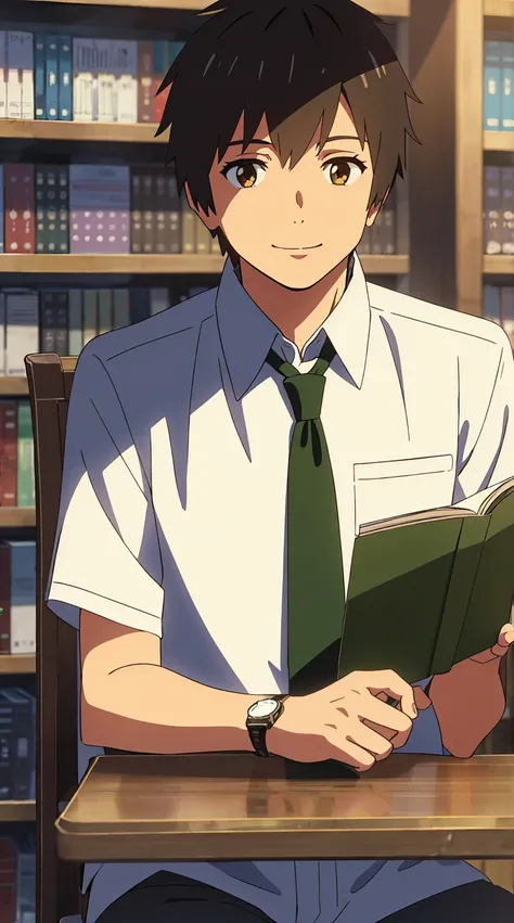 highest quality, masterpiece, shinkai makoto, kimi no na wa., 1 boy, bangs, black hair, brown eyes, white collar, green strip collar, white color, white shirt color, looking at the viewer, gren tie, white pants, watch, , black hair, Upper body, smile, cute...