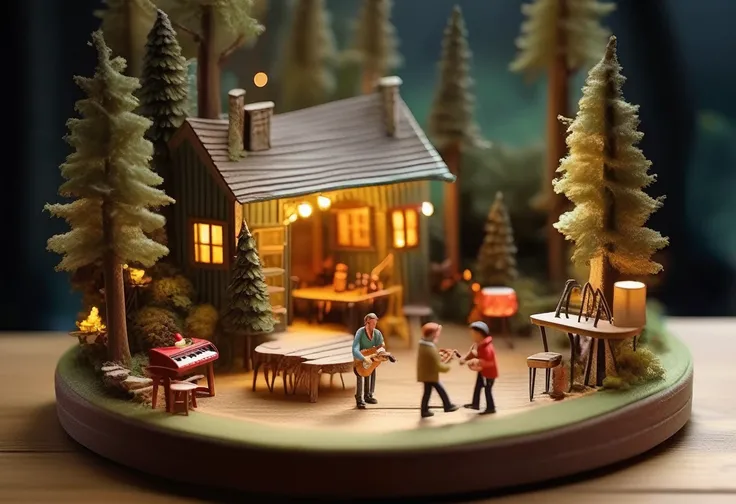 A miniature woodland scene with a cozy cabin nestled amongst trees, featuring a band performing on a stage lit by string lights. Tiny figures of musicians play instruments, adding a sense of life and joy to the scene. The cabin is adorned with warm, inviti...