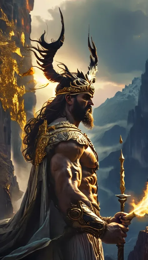 Close-up, Cronus, man, Tall, Muscular, Long beard, Crown, Robes, Staff, Fierce eyes, Scars, Ancient armor, Golden accessories, Cronus Confronting Zeus Again
, over-the-shoulder
Confronting, mountaintop, twilight, dramatic shadows, dynamic,dramatic,cinemati...