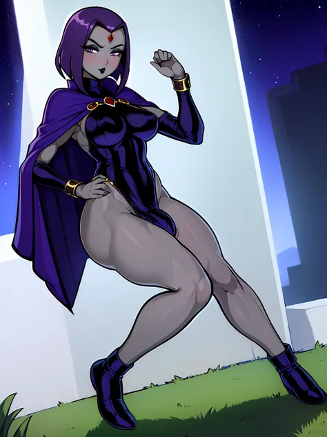 (solo:1.1),(masterpiece), (best quality:1.3), ultra detailed, intricate, professional art, digital art, absurdres, shadraven, (Full body view:1.1), 1girl, solo, (grey skin:1.4), dark purple hair, bob hair, purple eyes, hips wider than shoulders, pear shape...