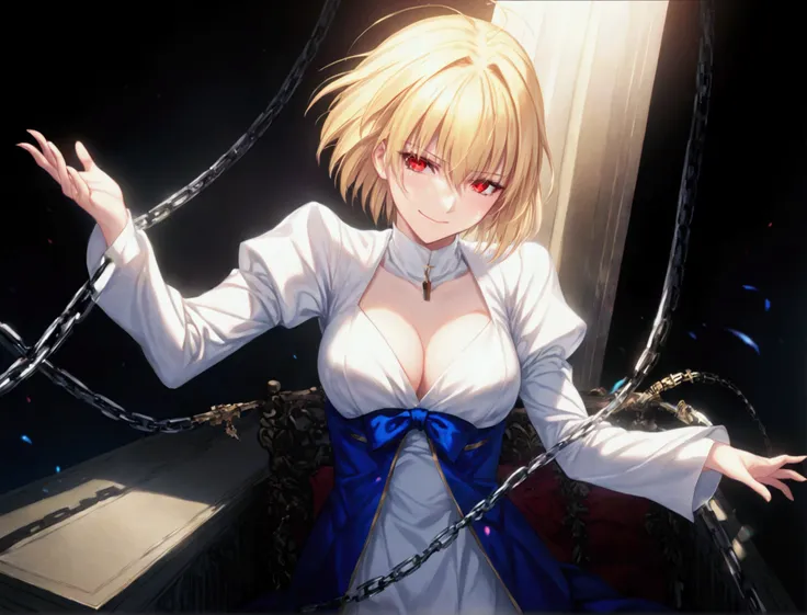 1girl, arcueid brunestud, red eyes, blonde hair, solo, breasts, evil smile, arcueid