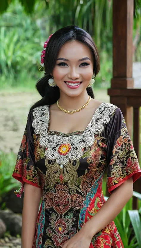 Asian girl, beauty face, smile face, Javanese dress, village, single,sexy pose