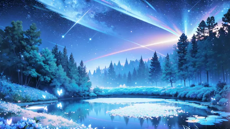 Mystical landscape with ((luminous starry blue and white flowers emitting light particles surrounding pond)),softly glowing butterflies, (one beautiful vivid purple sakura tree), (((unique view with extremely vivid multicolors without any people))), {extre...