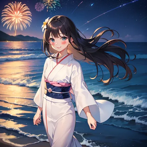 Masterpiece, best quality, One girl, One boy, wears Summer Kimono, Light-colored kimono, Blue-headed flower, Blue Eyes, girl has long Brown hair, boy has short Black hair,  firework, Beach, Smile, Night Sky, Walk by the sea, blush faces, holding hands