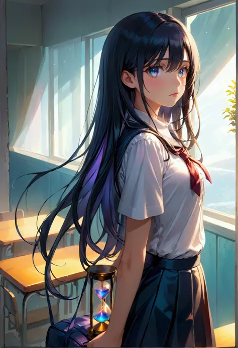 Long dark iridescent hair,iridescent eyes, hourglass body figure, tall,school girl uniform