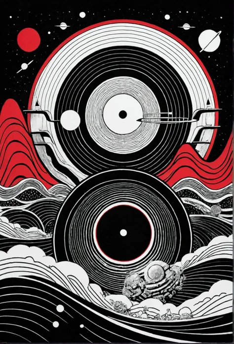 Noise cosmic waves attack the world，Simple background，Asymmetrical psychedelic composition，Award-winning science fiction，Red, black and white waves and psychedelic feeling，author：mobiles，Old record cover