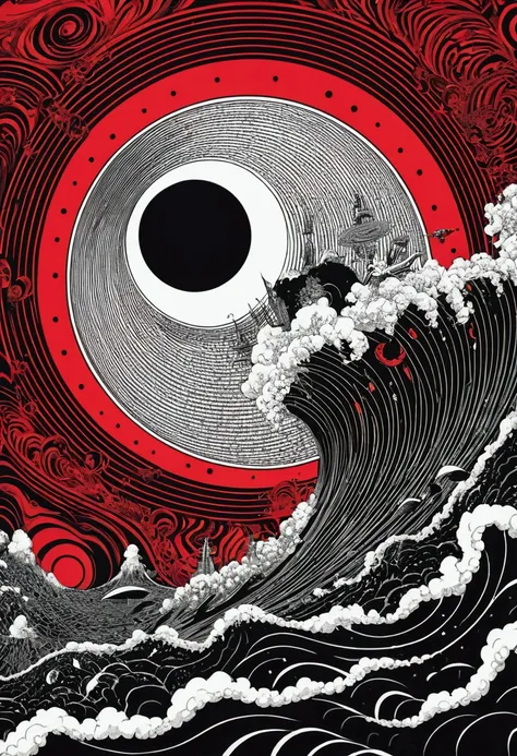 Noise Universe Sonic Attack，Simple background，Detailed asymmetrical psychedelic composition，Award-winning science fiction，Red, black and white waves and psychedelic feeling，author：mobiles，old cover