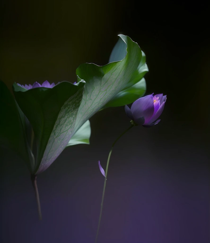 Purple flowers blooming in a dark room，The background is black, Paul Batson, lotus, Surreal Waizi Flowers, lotus瓣, Glowing delicate flowers, blue and purples and greens, purples and greens, by Xie Shichen, Green and purple, lotus, by Liang Kai, author：Shi ...