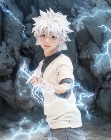 ( killua_hunter x hunter),((realistic, photorealistic)),(highlight hair)), light reflection, (( hd )),((upper body)), (((best qu...