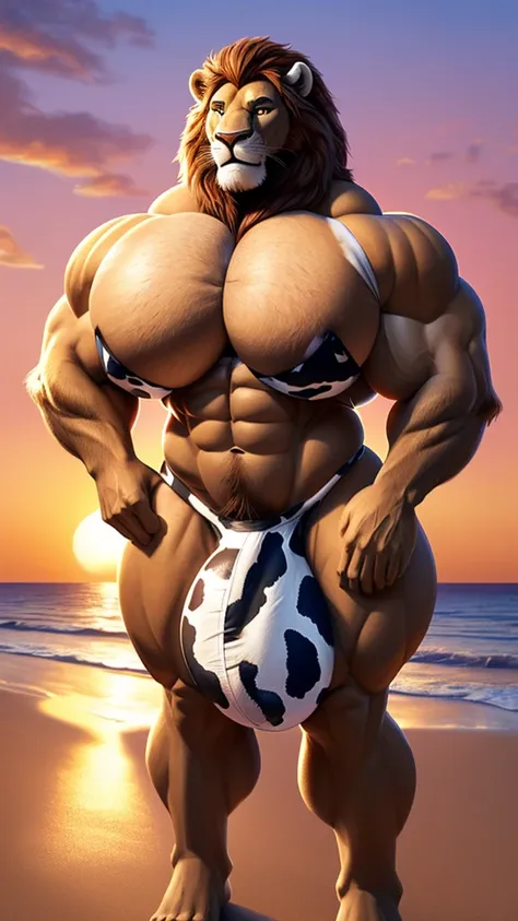 Lion, sugar dddy, muscular, beach, sunset, tall, giant, (((big pecs:1.3))), (((big bulge:1.3))), (((narrow waist:1.2))), (((wide hips:1.2))), (((thick thigh:1.2))), (((wide thigh:1.2))), handsome, ((cow print bikini)), (((unrealistic)))